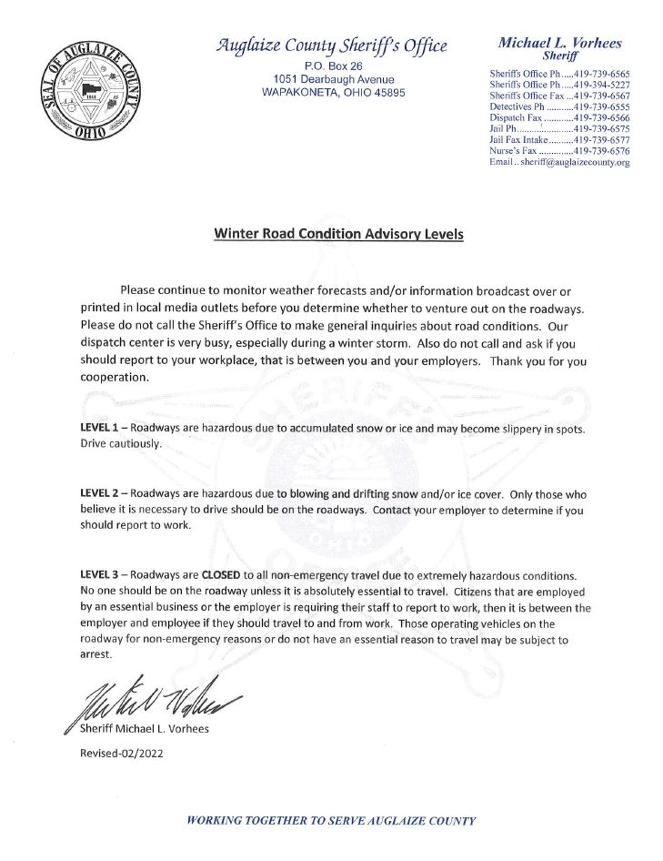 Winter Road Advisory Auglaize County